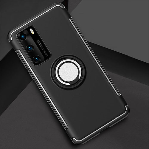 Silicone Matte Finish and Plastic Back Cover Case with Magnetic Finger Ring Stand S01 for Huawei P40 Black