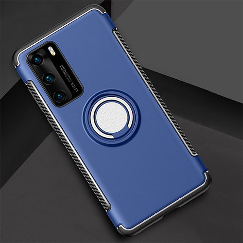 Silicone Matte Finish and Plastic Back Cover Case with Magnetic Finger Ring Stand S01 for Huawei P40 Blue