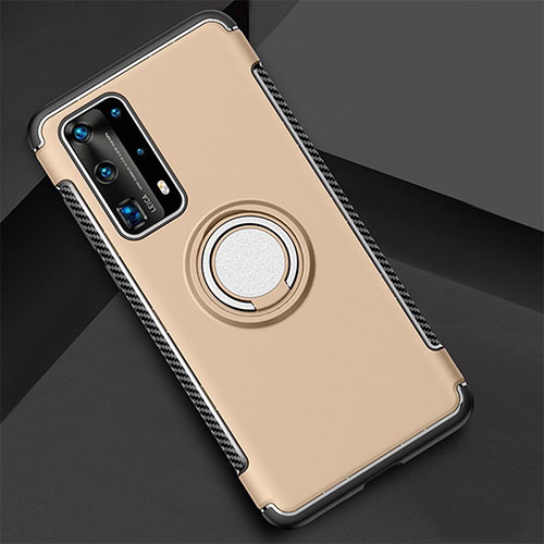 Silicone Matte Finish and Plastic Back Cover Case with Magnetic Finger Ring Stand S01 for Huawei P40 Pro+ Plus Gold