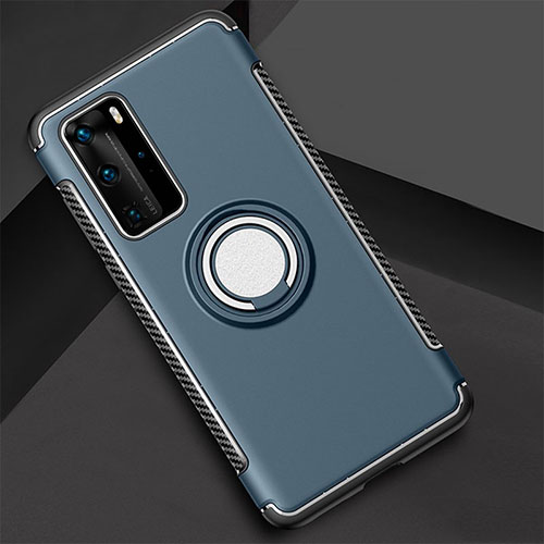 Silicone Matte Finish and Plastic Back Cover Case with Magnetic Finger Ring Stand S01 for Huawei P40 Pro Sky Blue