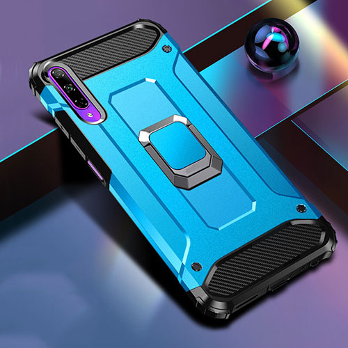 Silicone Matte Finish and Plastic Back Cover Case with Magnetic Finger Ring Stand S01 for Huawei Y9s Sky Blue