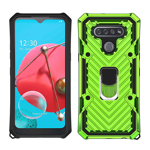 Silicone Matte Finish and Plastic Back Cover Case with Magnetic Finger Ring Stand S01 for LG K51 Matcha Green