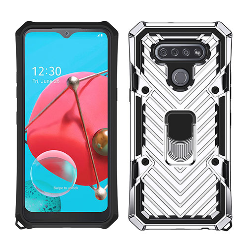 Silicone Matte Finish and Plastic Back Cover Case with Magnetic Finger Ring Stand S01 for LG K51 Silver