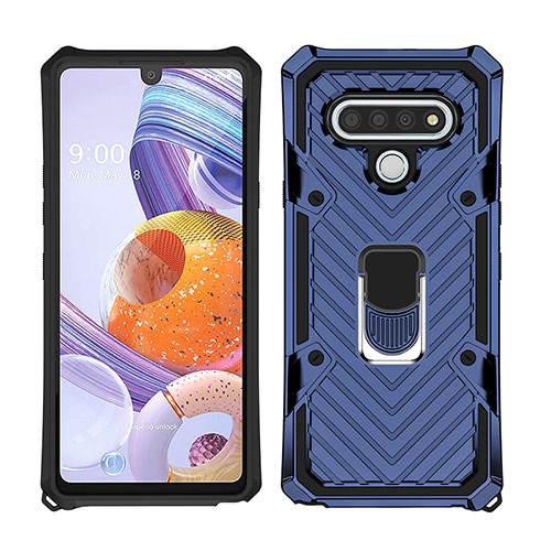 Silicone Matte Finish and Plastic Back Cover Case with Magnetic Finger Ring Stand S01 for LG Stylo 6 Blue