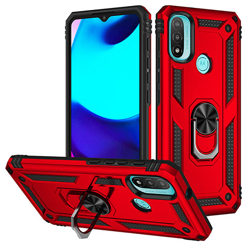 Silicone Matte Finish and Plastic Back Cover Case with Magnetic Finger Ring Stand S01 for Motorola Moto E30 Red