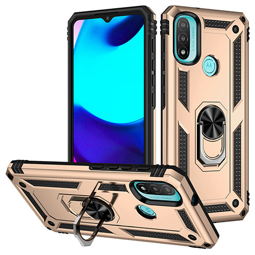 Silicone Matte Finish and Plastic Back Cover Case with Magnetic Finger Ring Stand S01 for Motorola Moto E40 Gold