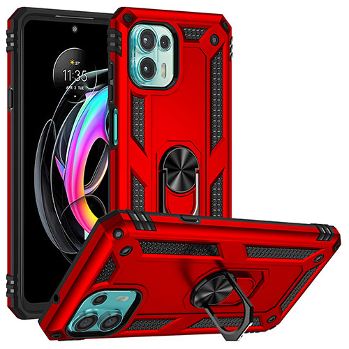 Silicone Matte Finish and Plastic Back Cover Case with Magnetic Finger Ring Stand S01 for Motorola Moto Edge 20 Lite 5G Red