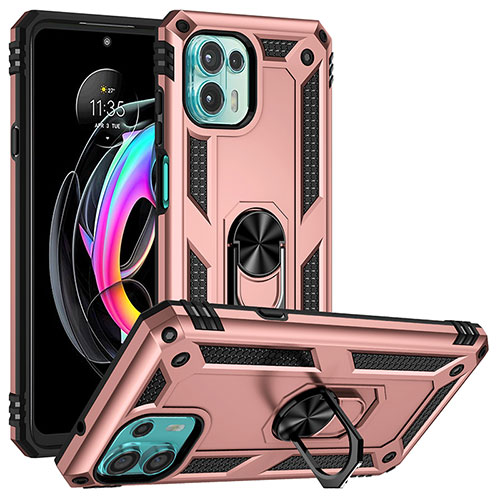 Silicone Matte Finish and Plastic Back Cover Case with Magnetic Finger Ring Stand S01 for Motorola Moto Edge 20 Lite 5G Rose Gold