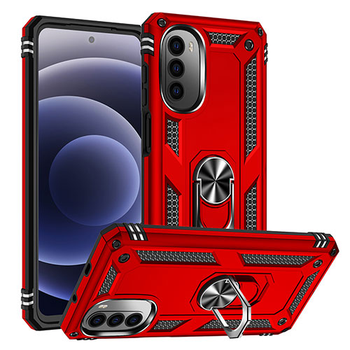 Silicone Matte Finish and Plastic Back Cover Case with Magnetic Finger Ring Stand S01 for Motorola Moto Edge (2022) 5G Red