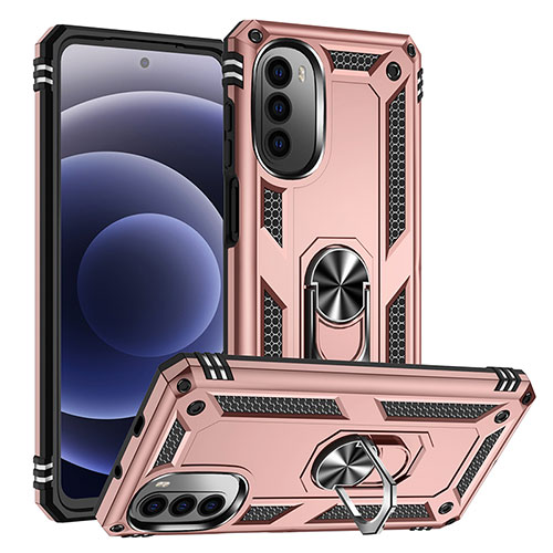 Silicone Matte Finish and Plastic Back Cover Case with Magnetic Finger Ring Stand S01 for Motorola Moto Edge (2022) 5G Rose Gold