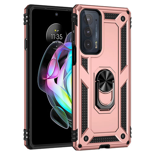 Silicone Matte Finish and Plastic Back Cover Case with Magnetic Finger Ring Stand S01 for Motorola Moto Edge Lite 5G Rose Gold