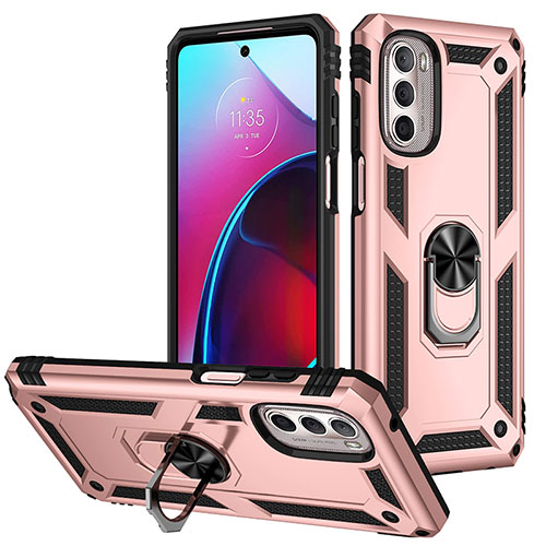 Silicone Matte Finish and Plastic Back Cover Case with Magnetic Finger Ring Stand S01 for Motorola Moto G Stylus (2022) 4G Rose Gold