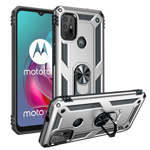 Silicone Matte Finish and Plastic Back Cover Case with Magnetic Finger Ring Stand S01 for Motorola Moto G10 Power Silver