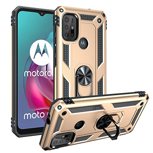 Silicone Matte Finish and Plastic Back Cover Case with Magnetic Finger Ring Stand S01 for Motorola Moto G20 Gold