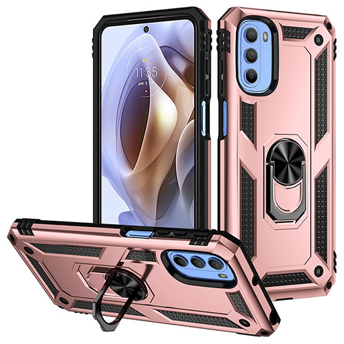 Silicone Matte Finish and Plastic Back Cover Case with Magnetic Finger Ring Stand S01 for Motorola Moto G31 Rose Gold