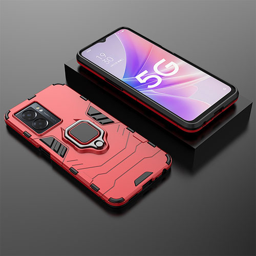 Silicone Matte Finish and Plastic Back Cover Case with Magnetic Finger Ring Stand S01 for Oppo A57 5G Red