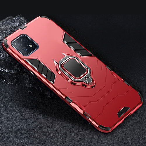 Silicone Matte Finish and Plastic Back Cover Case with Magnetic Finger Ring Stand S01 for Oppo A73 5G Red