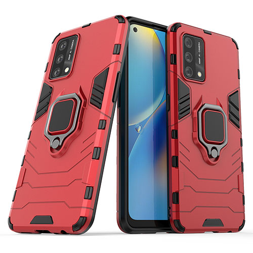 Silicone Matte Finish and Plastic Back Cover Case with Magnetic Finger Ring Stand S01 for Oppo A95 4G Red