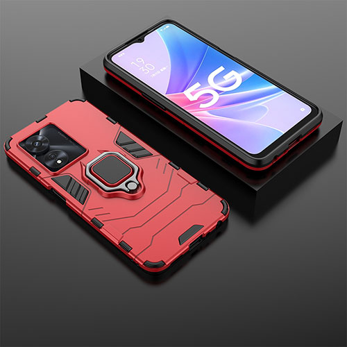 Silicone Matte Finish and Plastic Back Cover Case with Magnetic Finger Ring Stand S01 for Oppo A98 5G Red