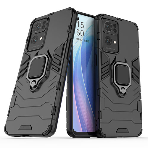 Silicone Matte Finish and Plastic Back Cover Case with Magnetic Finger Ring Stand S01 for Oppo Reno7 Pro 5G Black