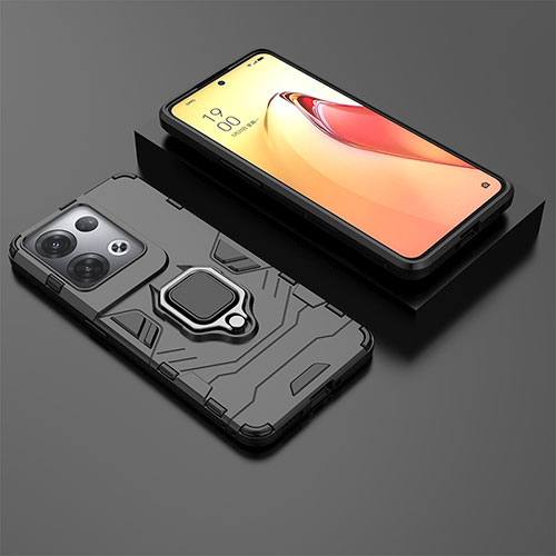 Silicone Matte Finish and Plastic Back Cover Case with Magnetic Finger Ring Stand S01 for Oppo Reno8 Pro 5G Black