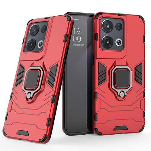 Silicone Matte Finish and Plastic Back Cover Case with Magnetic Finger Ring Stand S01 for Oppo Reno9 5G Red