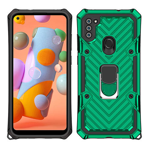 Silicone Matte Finish and Plastic Back Cover Case with Magnetic Finger Ring Stand S01 for Samsung Galaxy A11 Green