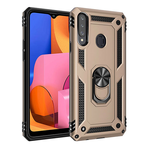 Silicone Matte Finish and Plastic Back Cover Case with Magnetic Finger Ring Stand S01 for Samsung Galaxy A20s Gold