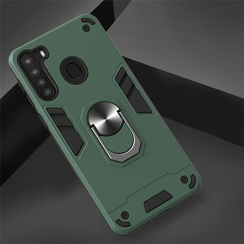 Silicone Matte Finish and Plastic Back Cover Case with Magnetic Finger Ring Stand S01 for Samsung Galaxy A21 Green