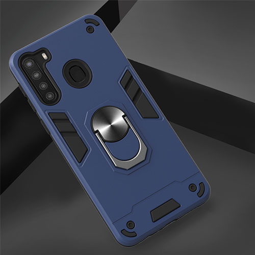 Silicone Matte Finish and Plastic Back Cover Case with Magnetic Finger Ring Stand S01 for Samsung Galaxy A21 Navy Blue