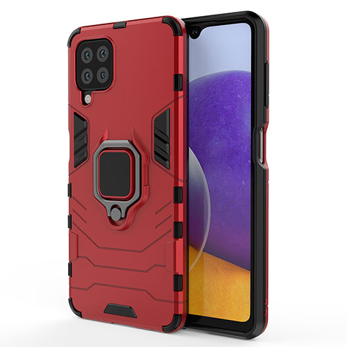 Silicone Matte Finish and Plastic Back Cover Case with Magnetic Finger Ring Stand S01 for Samsung Galaxy A22 4G Red