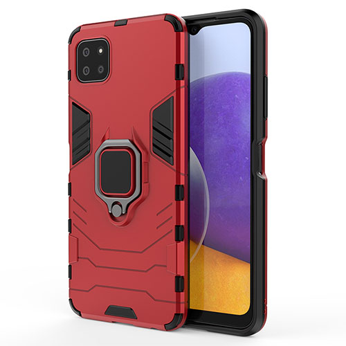 Silicone Matte Finish and Plastic Back Cover Case with Magnetic Finger Ring Stand S01 for Samsung Galaxy A22 5G Red