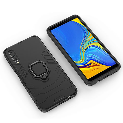 Silicone Matte Finish and Plastic Back Cover Case with Magnetic Finger Ring Stand S01 for Samsung Galaxy A7 (2018) A750 Black