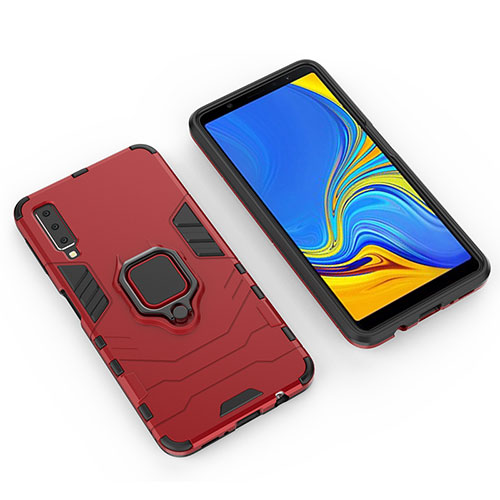 Silicone Matte Finish and Plastic Back Cover Case with Magnetic Finger Ring Stand S01 for Samsung Galaxy A7 (2018) A750 Red