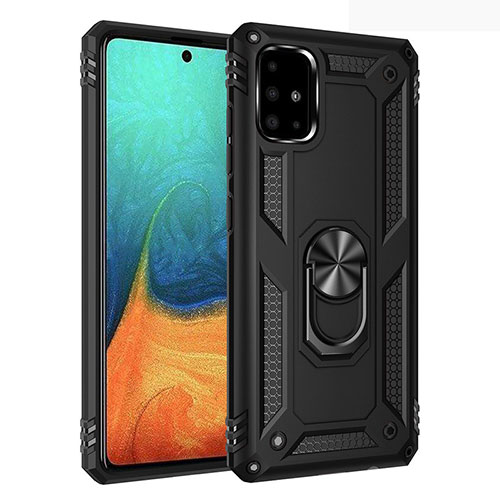 Silicone Matte Finish and Plastic Back Cover Case with Magnetic Finger Ring Stand S01 for Samsung Galaxy A71 4G A715 Black