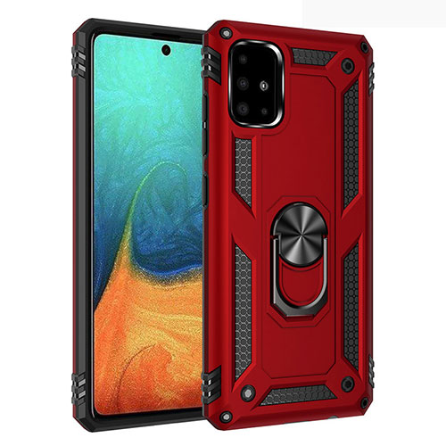 Silicone Matte Finish and Plastic Back Cover Case with Magnetic Finger Ring Stand S01 for Samsung Galaxy A71 5G Red