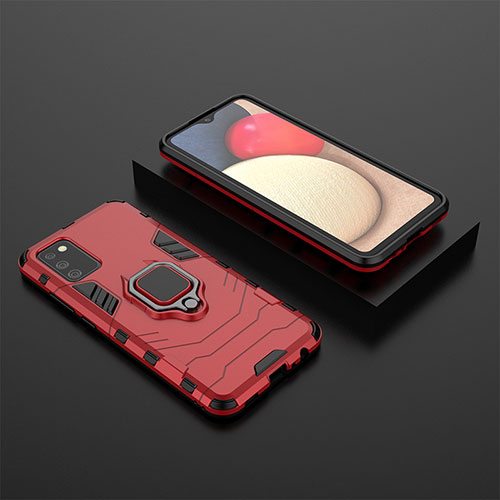 Silicone Matte Finish and Plastic Back Cover Case with Magnetic Finger Ring Stand S01 for Samsung Galaxy F02S SM-E025F Red