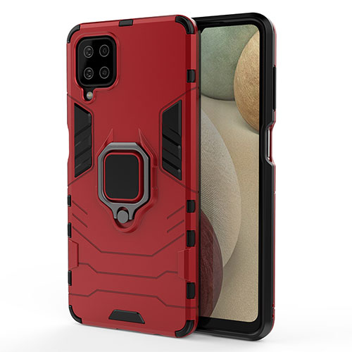 Silicone Matte Finish and Plastic Back Cover Case with Magnetic Finger Ring Stand S01 for Samsung Galaxy M12 Red