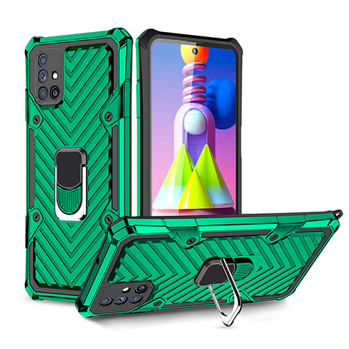 Silicone Matte Finish and Plastic Back Cover Case with Magnetic Finger Ring Stand S01 for Samsung Galaxy M51 Green