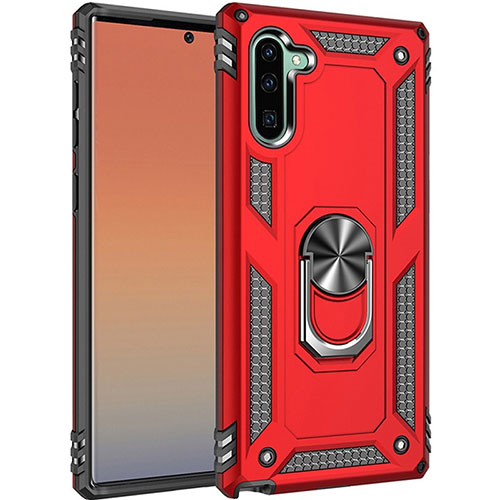 Silicone Matte Finish and Plastic Back Cover Case with Magnetic Finger Ring Stand S01 for Samsung Galaxy Note 10 Red