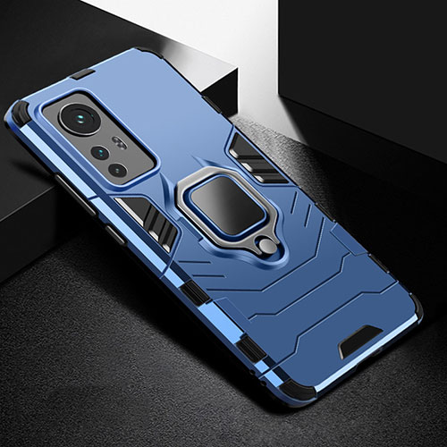 Silicone Matte Finish and Plastic Back Cover Case with Magnetic Finger Ring Stand S01 for Xiaomi Mi 12 Pro 5G Blue