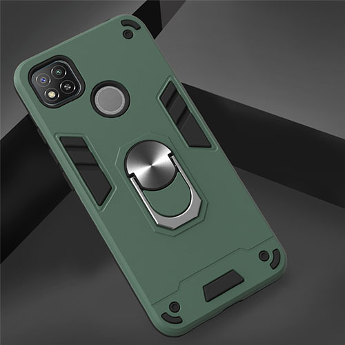 Silicone Matte Finish and Plastic Back Cover Case with Magnetic Finger Ring Stand S01 for Xiaomi Redmi 9 India Midnight Green