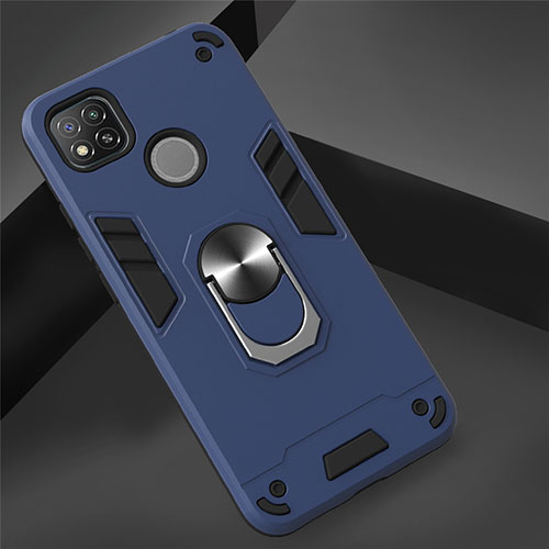 Silicone Matte Finish and Plastic Back Cover Case with Magnetic Finger Ring Stand S01 for Xiaomi Redmi 9 India Navy Blue