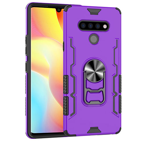 Silicone Matte Finish and Plastic Back Cover Case with Magnetic Finger Ring Stand S02 for LG Stylo 6 Purple