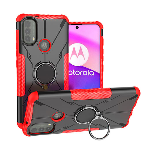 Silicone Matte Finish and Plastic Back Cover Case with Magnetic Finger Ring Stand S02 for Motorola Moto E20 Red