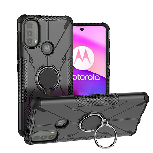 Silicone Matte Finish and Plastic Back Cover Case with Magnetic Finger Ring Stand S02 for Motorola Moto E30 Black