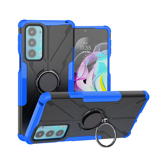 Silicone Matte Finish and Plastic Back Cover Case with Magnetic Finger Ring Stand S02 for Motorola Moto Edge 20 5G Blue