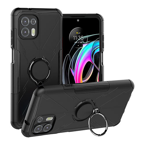 Silicone Matte Finish and Plastic Back Cover Case with Magnetic Finger Ring Stand S02 for Motorola Moto Edge 20 Lite 5G Black