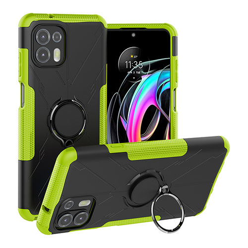 Silicone Matte Finish and Plastic Back Cover Case with Magnetic Finger Ring Stand S02 for Motorola Moto Edge 20 Lite 5G Green