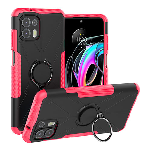 Silicone Matte Finish and Plastic Back Cover Case with Magnetic Finger Ring Stand S02 for Motorola Moto Edge 20 Lite 5G Hot Pink